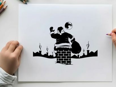 Santa claus silhouette climbing down a chimney on christmas eve night