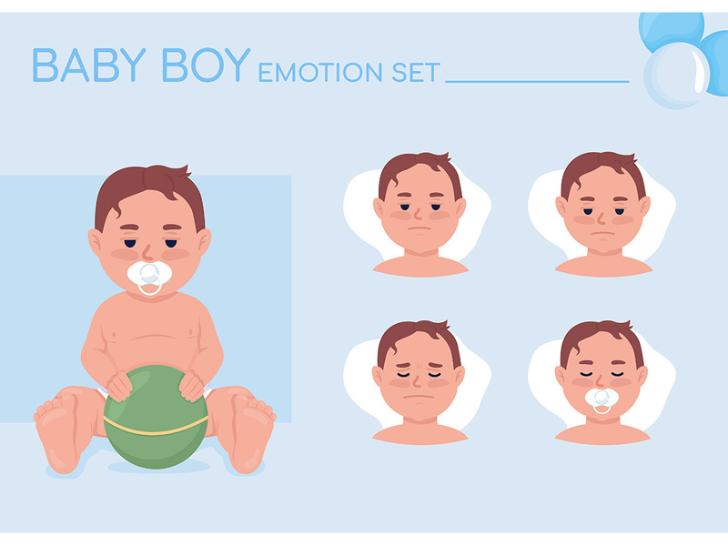 Sleepy baby boy semi flat color character emotions set