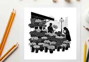 Silhouette of a flower vendor and customer in a bustling urban setting silhouette