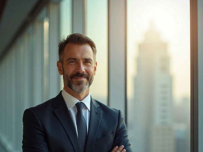 A confident businessman with crossed arms is pictured.