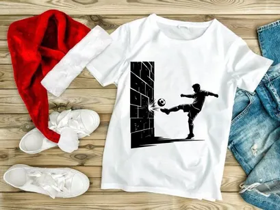 Soccer player kicking ball against brick wall in dynamic action pose