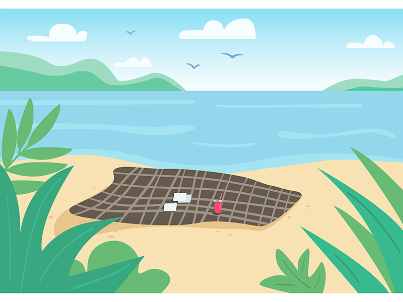 Blanket on wild beach flat color vector illustration
