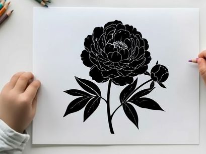 Silhouette of a large flower with leaves and bud