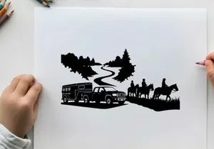 Silhouette of horseback riders and emergency response truck on a winding road
