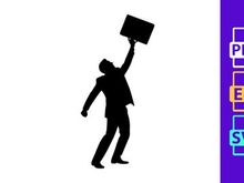 Businessman holding blank sign triumphantly against white background