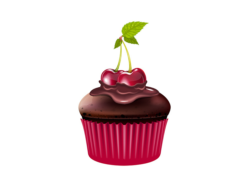 Chocolate muffin with cherry realistic vector illustration