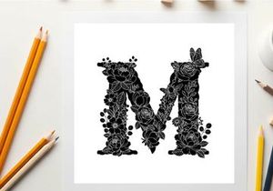 Silhouette of letter m made of flowers and leaves on white background