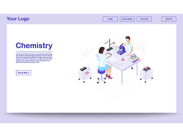 Chemistry lab staff isometric landing page template preview picture