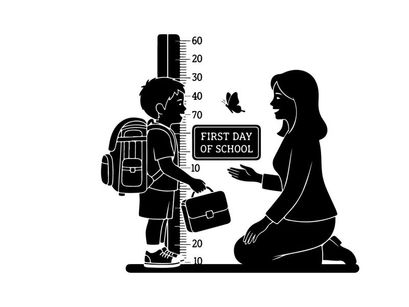 Silhouette of mother and child on first day of school with height measurement