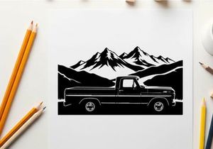 Silhouette of a pickup truck in front of majestic mountains silhouette