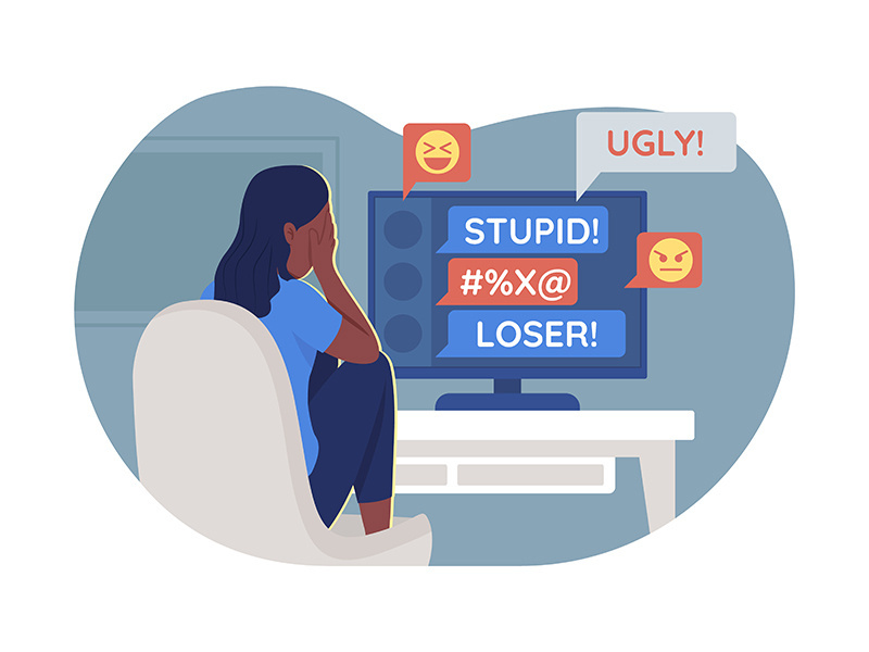 Teenager and cyberbullying problem 2D vector isolated illustration