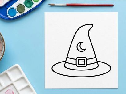 Topi kartun penyihir atau penyihir dengan desain bulan dan gesper. Topi kepala penyihir klasik untuk karakter fantasi dan tema magis.