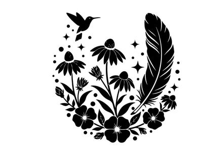 Silhouette of hummingbird flowers and feather with stars