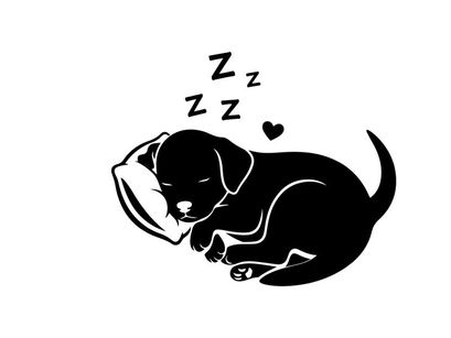 Sleeping dog silhouette with zzz and heart symbols
