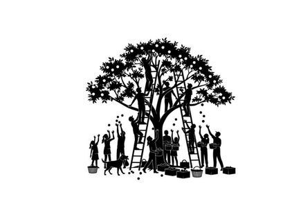 Silhouette of people picking fruit from a tree with ladders and dog