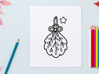 Hand-drawn Halloween holiday ornament with silver star and bow. Festive blue watercolor leaf decoration for seasonal crafts and home decor.