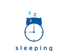 Bed and sleep logo creative design, with pillow,zzz, clock, moon and stars.