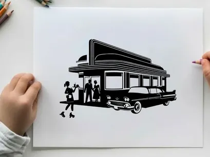 Vintage diner with silhouette of people and classic car
