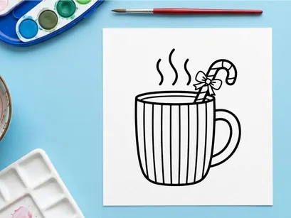 Taza navideña con ilustración de arte lineal de bastón de caramelo para diseño de tarjeta de felicitación festiva