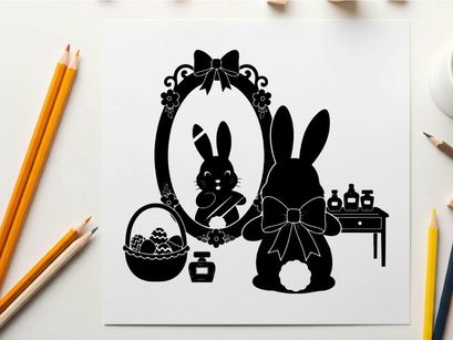 Easter bunny silhouette in front of ornate mirror with basket and cosmetics