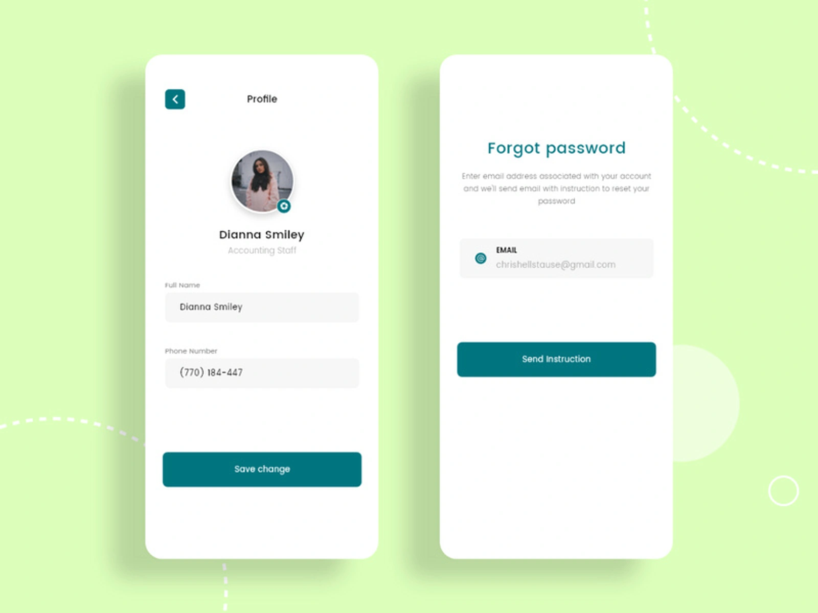 User's info and Forgot password screens concept for mobile app