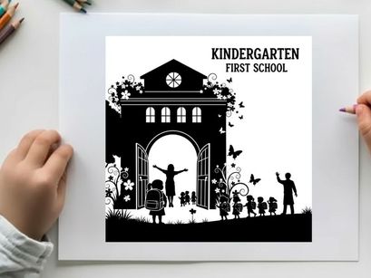 Silhouette of children and teacher outside kindergarten first school building