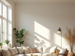 Modern cozy living room interior with sunlight, wooden furniture preview picture