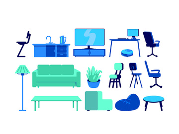 Furniture for smart home flat color vector objects set preview picture
