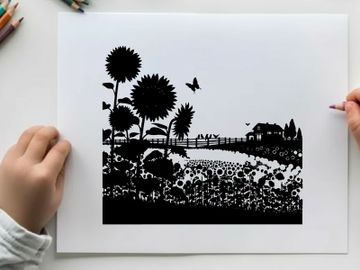 Sunflower field silhouette with butterflies and farmhouse preview picture
