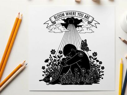Silhouette of a person kneeling in flowers with angel and inspirational quote