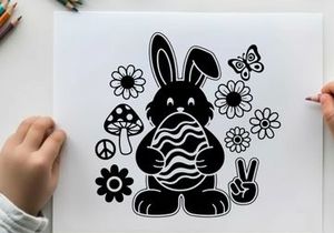 Easter bunny holding egg silhouette with flowers and butterflies