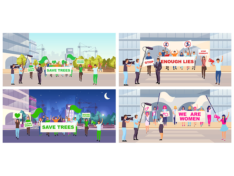 Social protests flat vector illustrations set