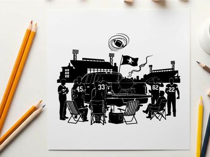 Silhouette of people gathered around a vehicle with a flag