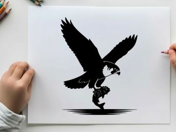 Silhouette of a bird of prey swooping down to catch a fish preview picture