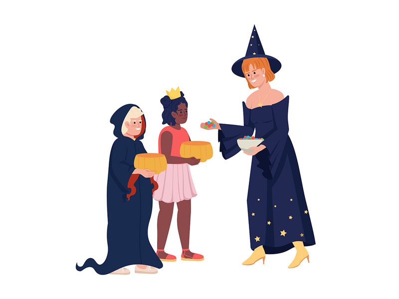Woman giving candies to children semi flat color vector characters