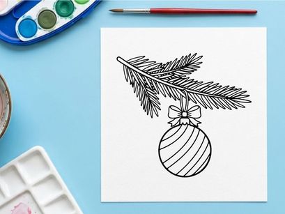 Christmas bauble hanging on a fir tree branch line art illustration