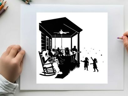 Silhouette of family on a porch with children playing