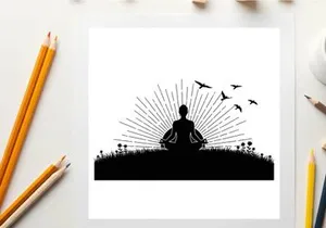 Serene silhouette of a person meditating in nature with birds flying by