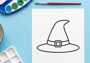 Minimalist witch hat icon for Halloween design. Simple black line art vector illustration of a sorcerer accessory.