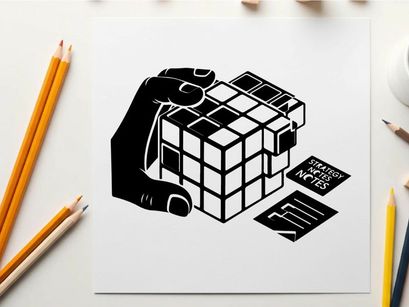 Silhouette of hand holding a rubik's cube with notes