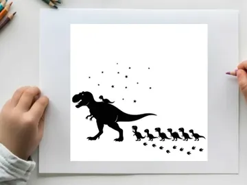 Silhouette of a t rex and its baby dinosaurs walking in a line preview picture