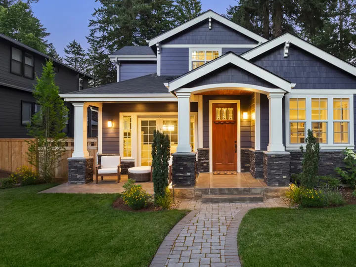 Modern house with elegant facade at sunset