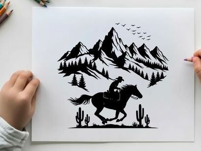 Cowboy riding horse silhouette in mountainous desert landscape