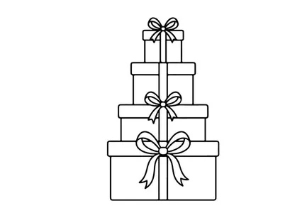 Stacked Christmas gift boxes with ribbons, holiday present icon in black and white line art.
