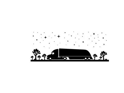 Truck silhouette driving under starry night sky with trees