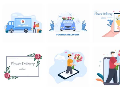 25 Flower Delivery Courier Service Online Vector Illustration