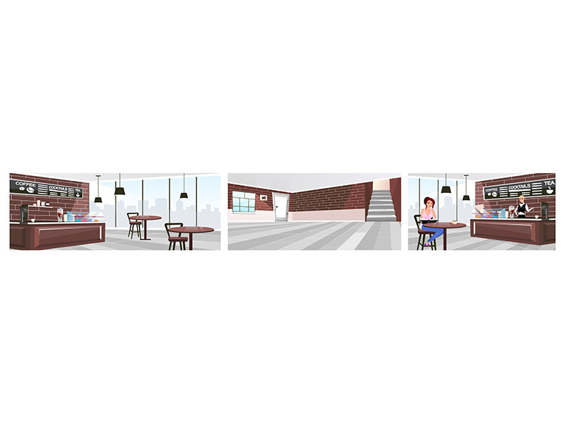 Cafe with panoramic view flat vector illustrations set