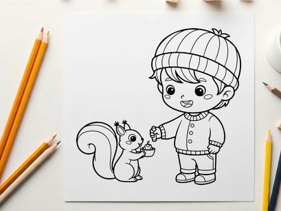 Boy feeding squirrel flat design vector illustration