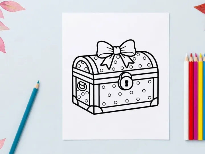 Cofre de tesoro vintage con lazo para regalo de Halloween o decoración de fiesta. Caja de madera clásica adornada con lunares y cinta para celebraciones espeluznantes.