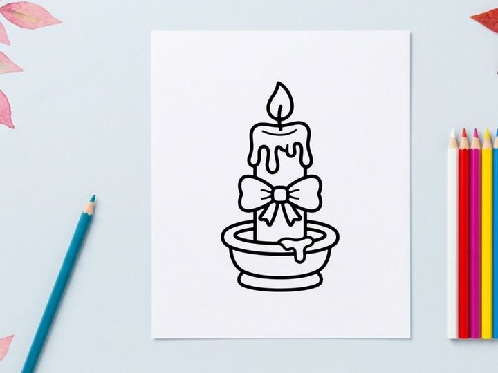 Hand-drawn Halloween candle with melting wax and bow. Spooky holiday doodle illustration for festive decor and crafts.